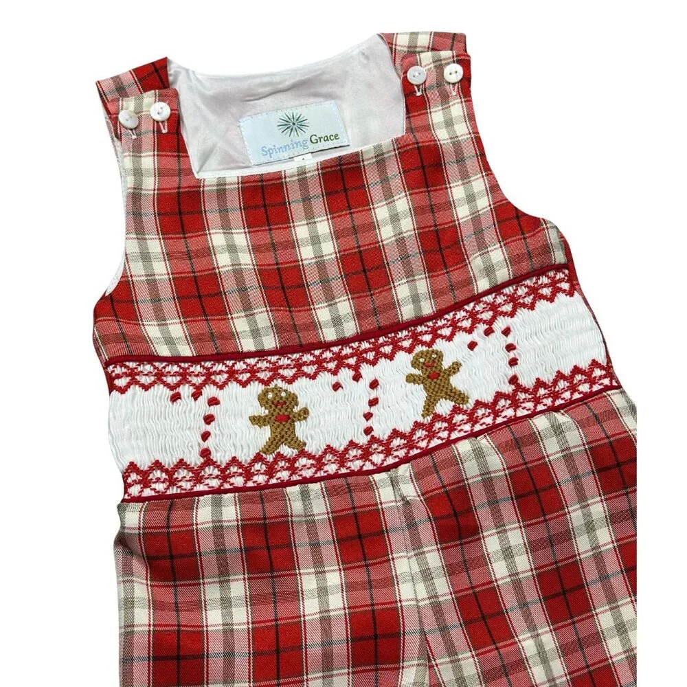 Classic Christmas Gingerbread Smocked Tartan Jon Jon - Christmas Holiday - Picture 5 of 7